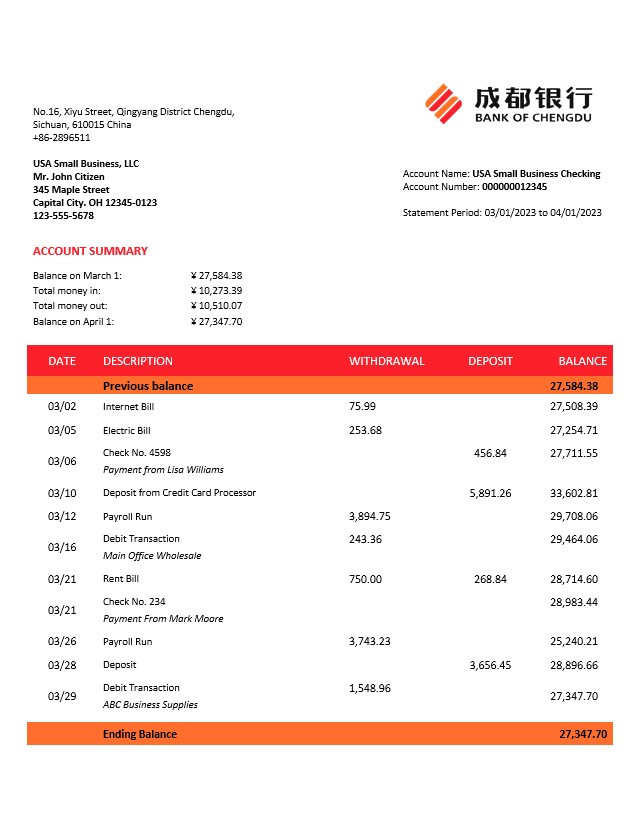 Modèle Word et PDF de déclaration commerciale de la Banque de Chengdu
